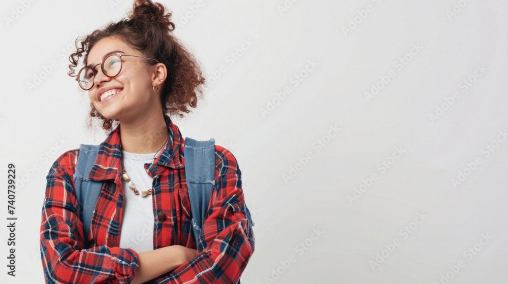 Portrait of a beautiful young woman with curly hair wearing glasses and a checkered shirt . Portrait of a beautiful young woman with curly hair wearing glasses and a checkered shirt .