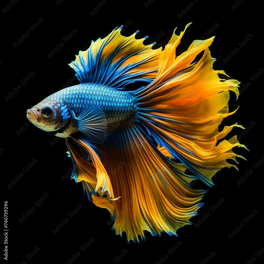 Fototapeta premium Fighting fish, a blue fighting fish with a glistening light yellow tail, moves gracefully and calmly against a dark black background. Contrasting hues add a touch of fascination to the water movement.