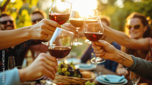 Group of friends clinking glasses with red wine at outdoor party .