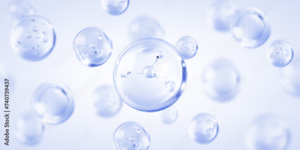 Molecule inside liquid bubble on blue background. Cosmetic moisturizer water molecule. Cosmetic Essence. Concept skin care cosmetics solution. 3D vector