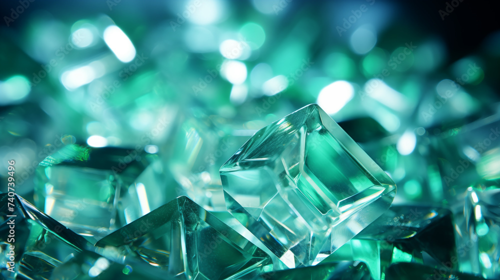 Background with mint colored crystals. Mint colored glass crystals with reflections of light. Abstract background with bokeh effect. AI generative