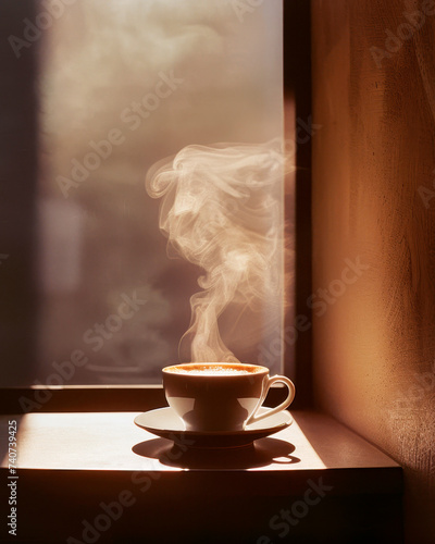 Cup of hot coffee in coffeshop at the window, aesthetic and atmospheric image for blog , good morning cocnept photo