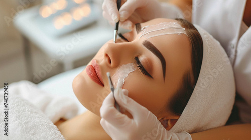 Cosmetologist applying cosmetic mask on woman's face in spa salon