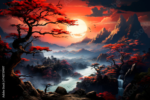 Sunrise at Asian landscape in red black colours for home decoration