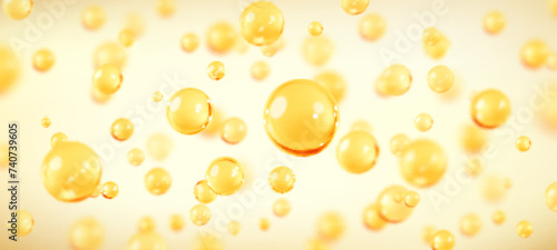 Golden oil bubbles, liquid collagen or serum. Skin care cosmetic product texture or clear essence. Concept skin care cosmetics solution. Vector realistic illustration
