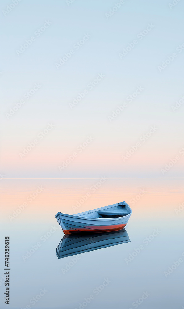 A boat anchored on a calm lake A boat anchored on a calm lake