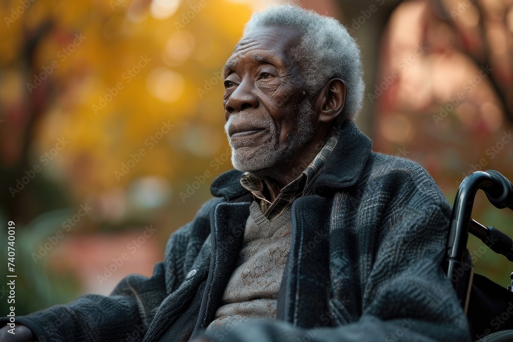An elderly African American guy in a wheelchair who is retired. Ai generative
