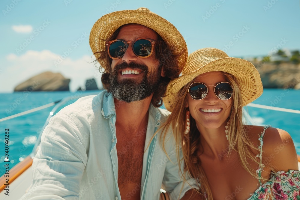 A happy couple on a beautiful day, enjoying a boat trip while donning straw hats and sunglasses. Ai generative