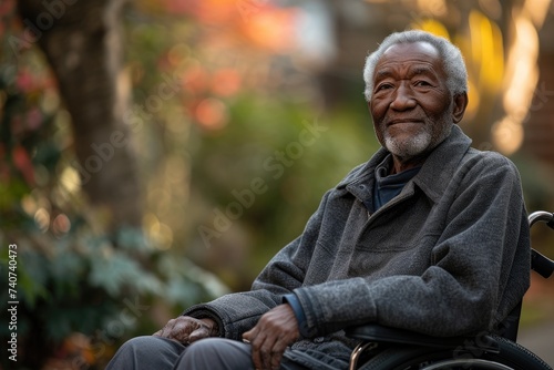 An elderly African American guy in a wheelchair who is retired. Ai generative © Mimix