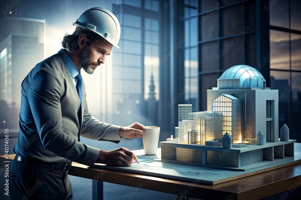 Fototapeta premium Architect working on construction project in office. Architectural model of building.