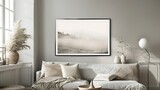 A mockup poster blank frame hanging on a sleek console table, above a cozy loveseat, den, Scandinavian style interior design