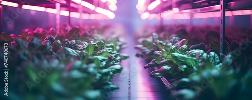 Revolutionizing sustainable urban agriculture with cutting-edge vertical farm utilizing LED grow lights. Concept Sustainable Urban Agriculture, Vertical Farming, LED Grow Lights, Innovation photo