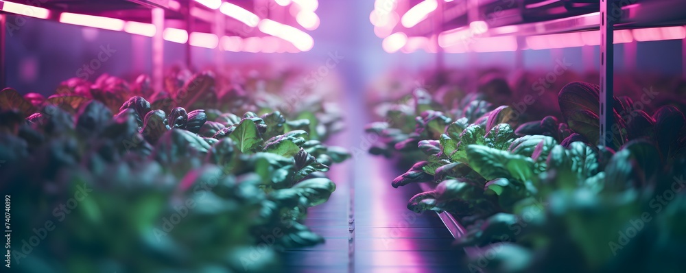 Revolutionizing sustainable urban agriculture with cutting-edge vertical farm using LED grow lights. Concept Sustainable Agriculture, Urban Farming, Vertical Farming, LED Grow Lights - obrazy, fototapety, plakaty 