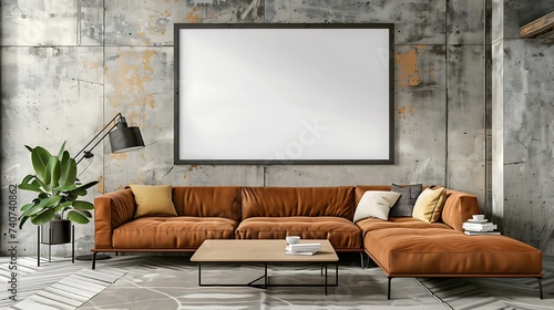 A mockup poster blank frame hanging on a retro wardrobe, above a contemporary couch, entertainment room, Scandinavian style interior design