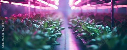 Revolutionizing sustainable urban agriculture with cutting-edge vertical farm using LED grow lights. Concept Sustainable Agriculture, Urban Farming, Vertical Farming, LED Grow Lights