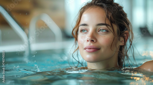 Young, elegant woman captured in chic grace at a city indoor pool, modern luxury meets urban tranquility.
