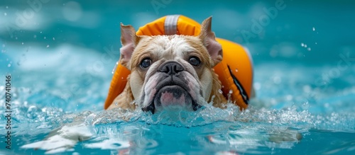 Adorable canine wearing a vibrant life jacket enjoying a swim in the refreshing pool