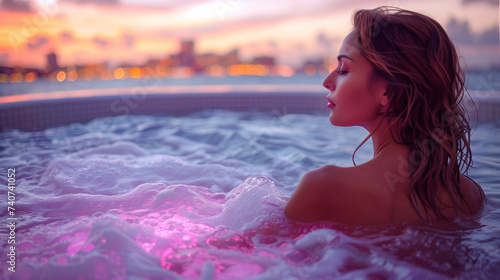 Stylish young woman enjoys the tranquility of a modern indoor pool  city lights beyond  serene elegance.