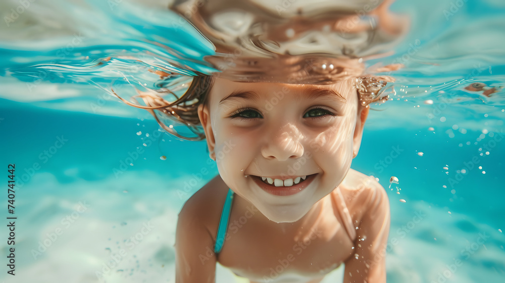 Cute child swimming underwater in sea Cute child swimming underwater in sea