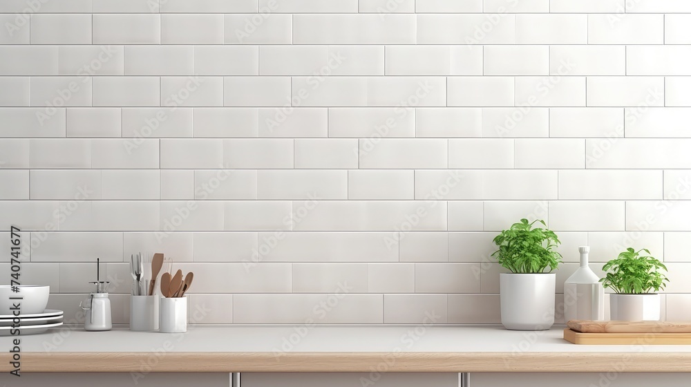 Background modern tiles wall, white table with modern kitchen accessories, interior design