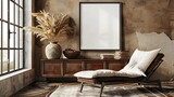 A mockup poster blank frame hanging on a rustic credenza, above a stylish chaise lounge, den, Scandinavian style interior design