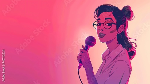 Banner with an illustration of a cartoon girl in glasses holding a microphone. Illustration for poster or podcast. A woman sings karaoke.