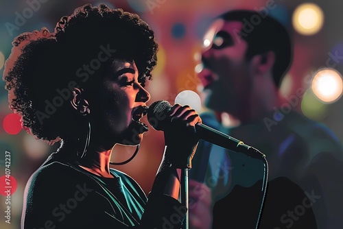 Illustration with friends at karaoke. Men and women sing into a microphone. Friends and girlfriends perform on stage with a microphone. Illustration for podcasts or karaoke party posters. Stand-up com photo