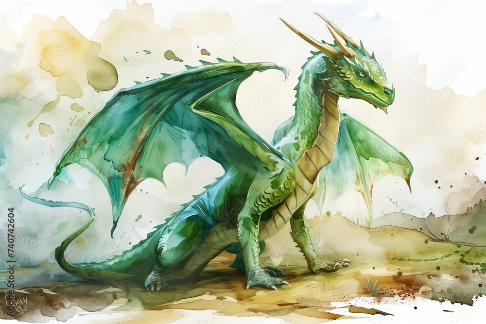 Obraz premium Close up watercolor fantastic creation green good dragon, chinese new year celebration and fantasy world concept