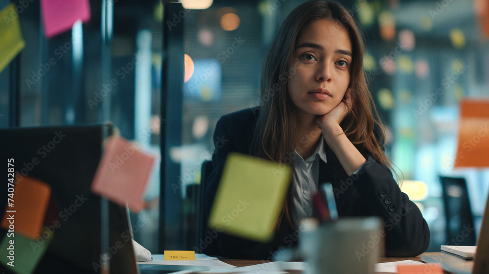 Professional Daytime Office Setting with Long-Haired Woman in Black Blazer Engaged in Business Discussion, Laptop and Documents on Desk, Colorful Clips, Coffee Cup, Writing Utensils, Glass Partition C Professional Daytime Office Setting with Long-Haired Woman in Black Blazer Engaged in Business Discussion, Laptop and Documents on Desk, Colorful Clips, Coffee Cup, Writing Utensils, Glass Partition C