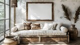 A mockup poster blank frame hanging on a rustic chest, above a luxurious daybed, sunroom, Scandinavian style interior design