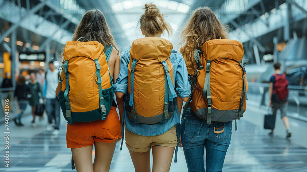 Charming young travelers, backpacks in tow, starting their summer adventure at an international hub. Charming young travelers, backpacks in tow, starting their summer adventure at an international hub.