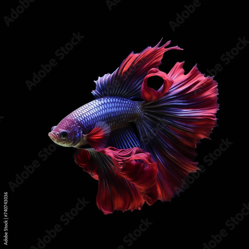Fighting fish, a purplish-purple fighting fish with a sparkling red tail, moves gracefully and calmly against a dark background. Contrasting hues add a touch of fascination to their aquatic movements.