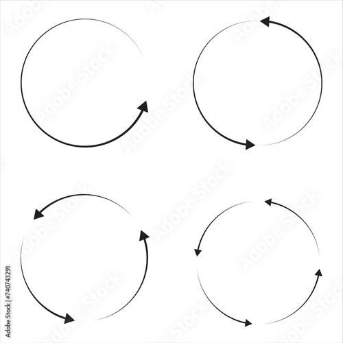 Circle arrow icons set. Round reload, restart, recycle and repeat symbol. One, two, three and four arrow in loop. Round reload sign, recycle icon. Vector illustration isolated on white background. 