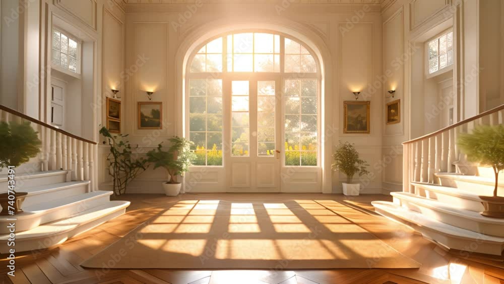 Luxury mansion with a classic staircase in a white hallway, stylish ...
