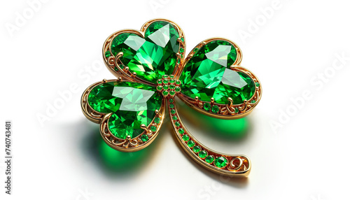 Luxurious clover jewel with green emerald gemstones, set in gold, representing opulence and good fortune, isolated on white background