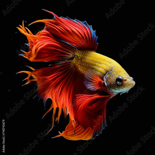 Fighting fish  red-orange fighting fish with sparkling tails move gracefully and calmly against a dark background. Contrasting hues add a touch of fascination to the aquatic movement.