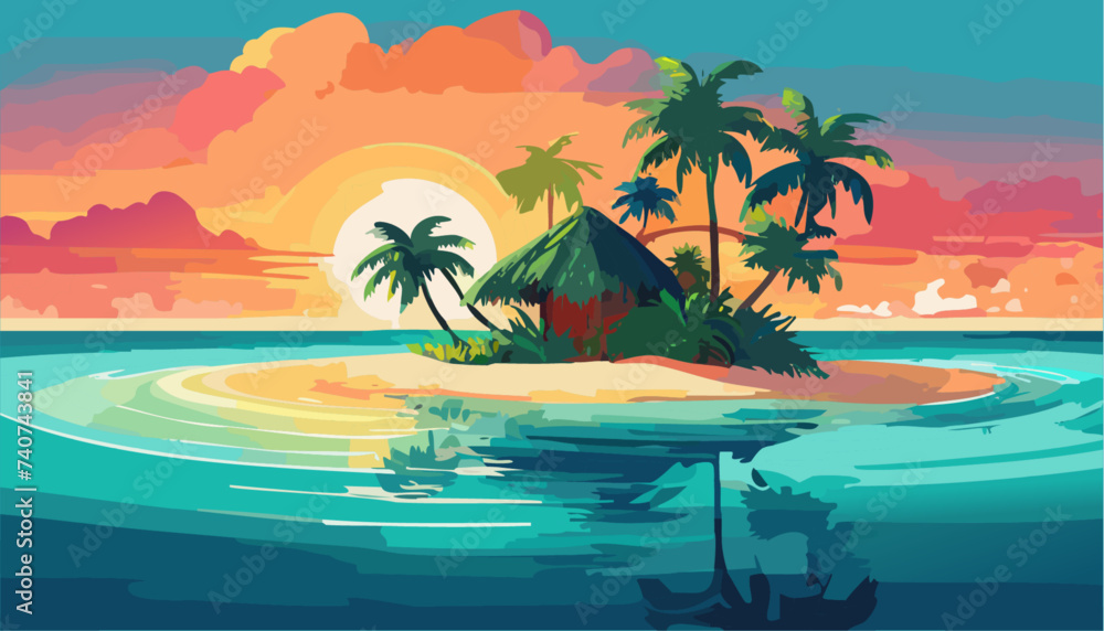 Tropical island with palm trees on the sunset