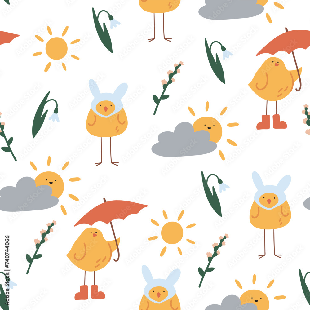 Cute spring seamless pattern with sun, clouds, birds and flowers. Flat vector illustration in cartoon style. Adorable childish pattern for fabrics, textiles, packaging, background. Cute spring seamless pattern with sun, clouds, birds and flowers. Flat vector illustration in cartoon style. Adorable childish pattern for fabrics, textiles, packaging, background.