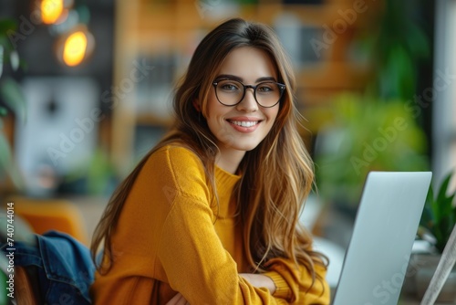 A happy businesswoman wearing glasses is working cheerfully. Ai generative