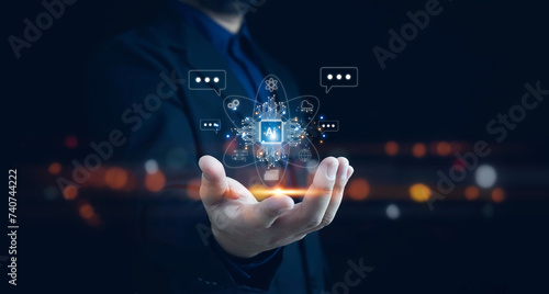 Ai technology, businessman show virtual graphic Global Internet connect Chat with AI, Artificial Intelligence. using command prompt for generates something, Futuristic technology transformation. photo