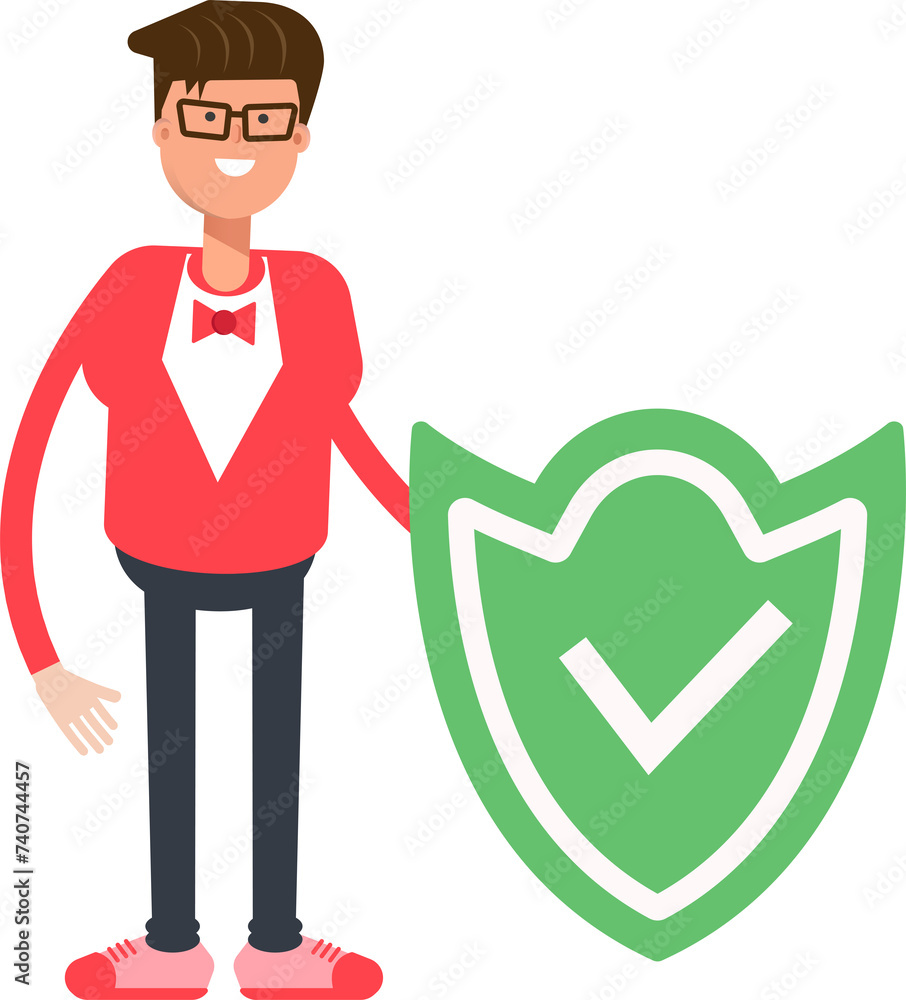 Man in Red Suit Character and Check Mark Shield
Man in Red Suit Character and Check Mark Shield