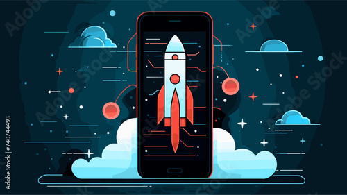 Abstract mobile app deployment with a rocket symbolizing launch. simple Vector art