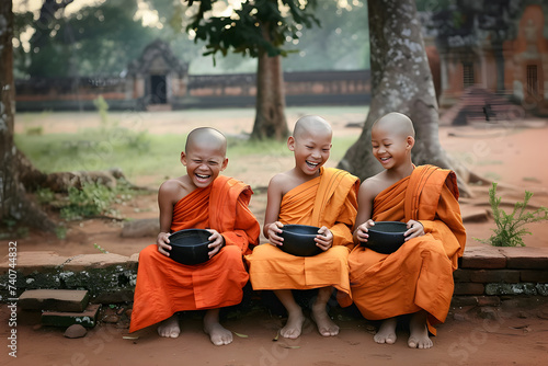 Three little Buddhist monks in rural area © May Thawtar