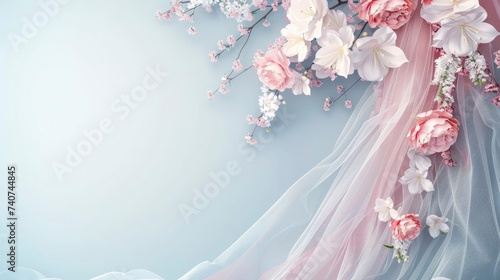 A 3d background with illustrations of wedding dresses, veils, and bouquets. with text space