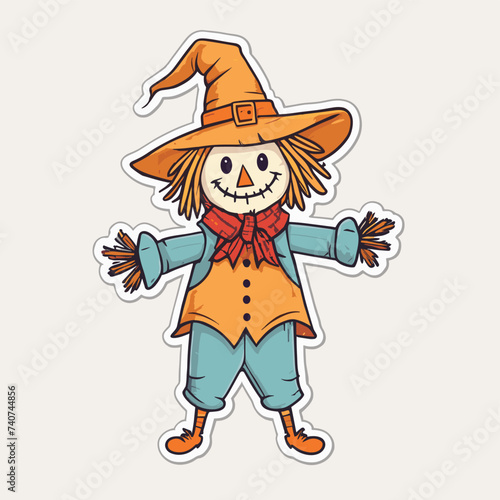 Charming scarecrow illustration in vibrant autumn colors with a cheerful expression and classic patchwork attire, perfect for fall and harvest themes.