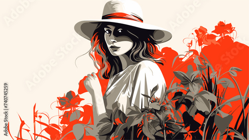 Abstract woman in a gardening hat  tending to plants. simple Vector art