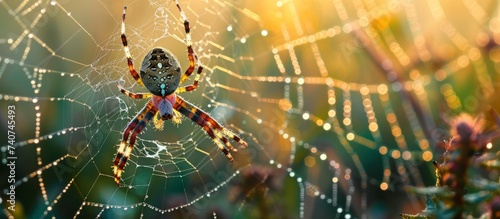 A spooky spider hanging on a delicate web in a vast field at dusk