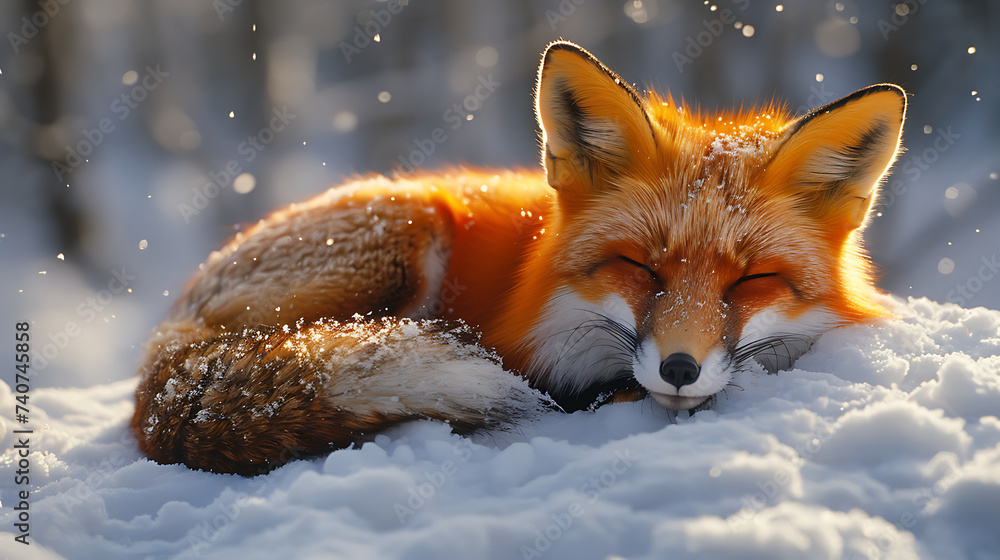 a bright red fox curled up in a snowbank on a snowy day