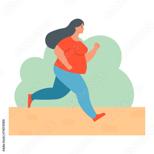 The concept of losing weight, holding a balance, a healthy lifestyle. Vector illustration. an overweight young woman running in the park.