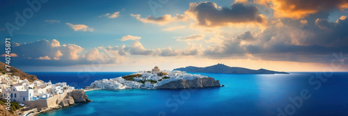 Beautiful Greek island with blue domed churches at sunset. Island of love.